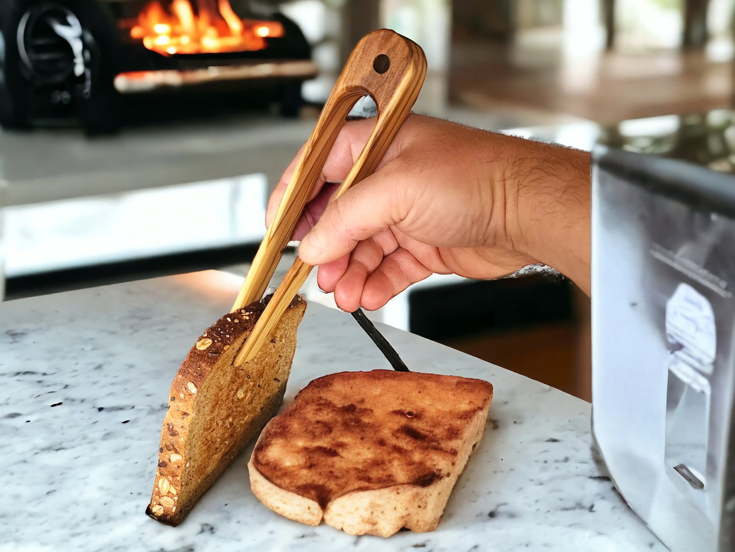 Olive Wood Toast Tongs -